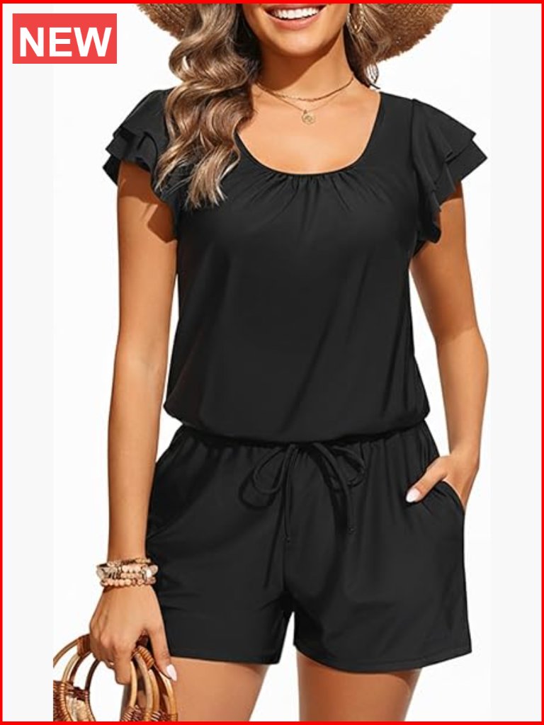 Women's One Piece Romper Swimsuit - Ruffle Sleeve Modest Jumpsuit Bathing Suit